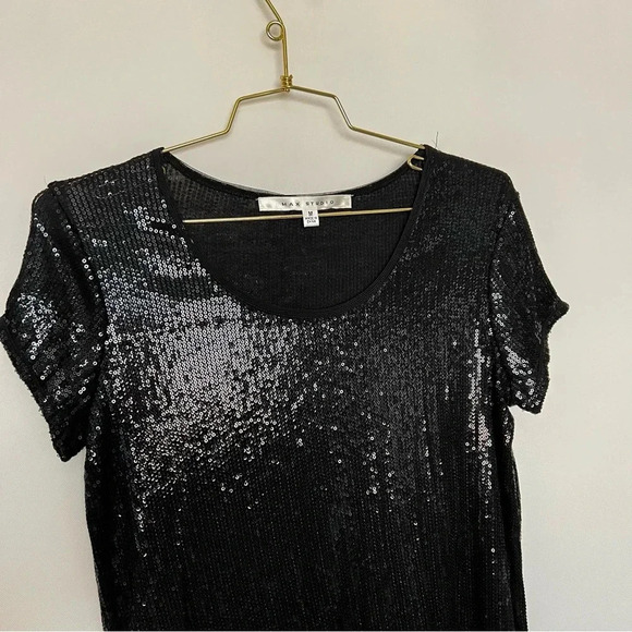 Max Studio Sequined Black Bouse Top Size Medium Short Sleeve - Picture 3 of 7